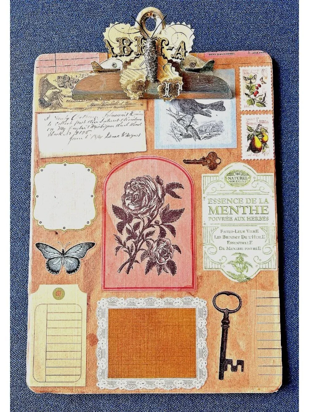 Handcrafted CLIPBOARD Upcycled Decopage Butterfly Bird Rose Key Victorian 12 x 9